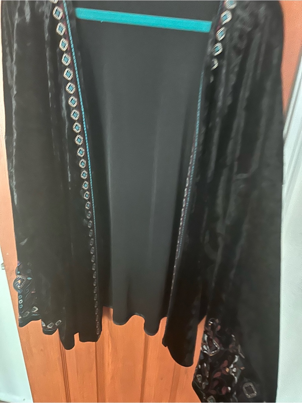 Eyeshadow Black Velvet Maxi Jacket with Southwest Trim